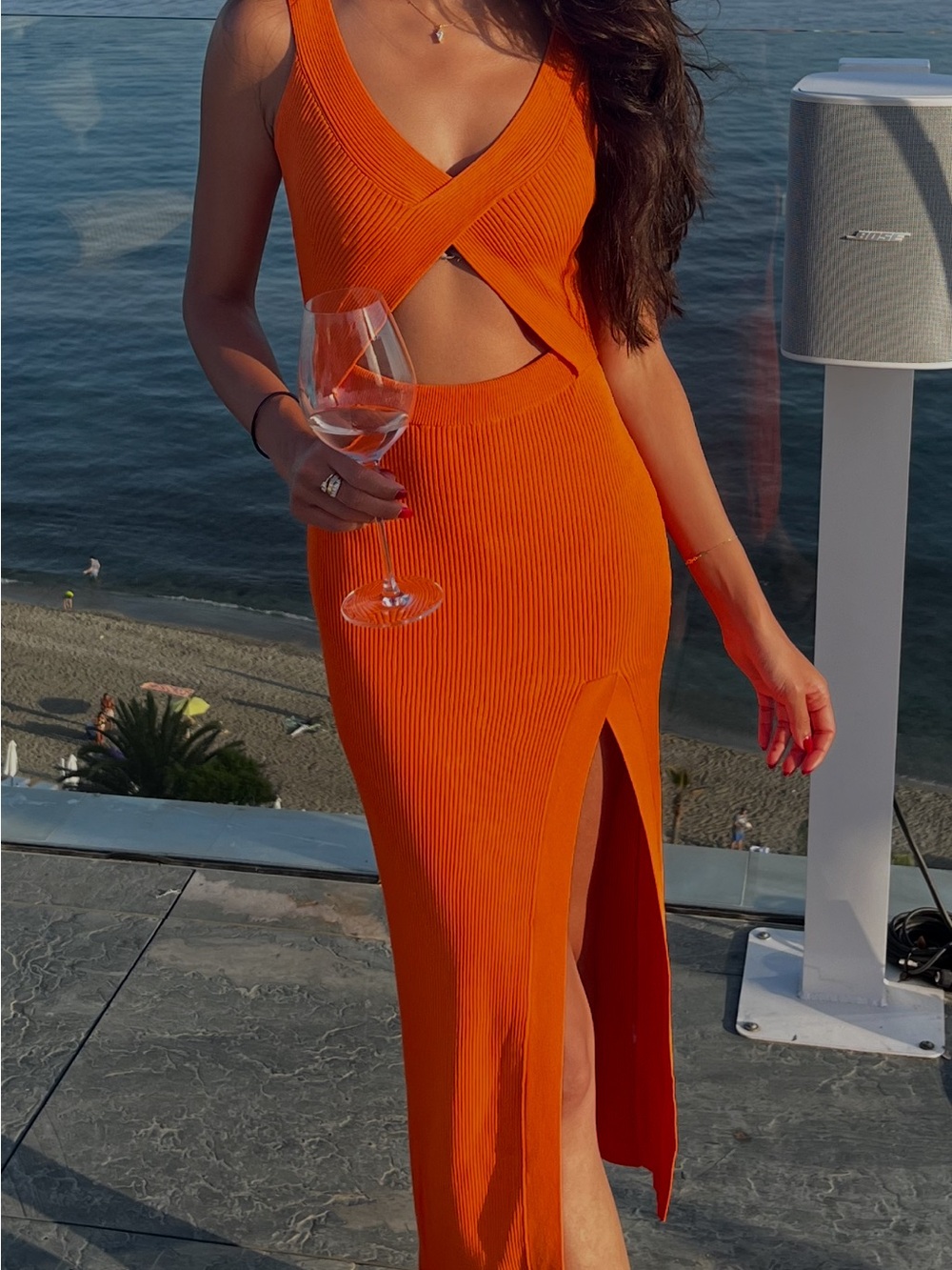 Zara Orange Ribbed Midi Dress with Cutout & Thigh Slit